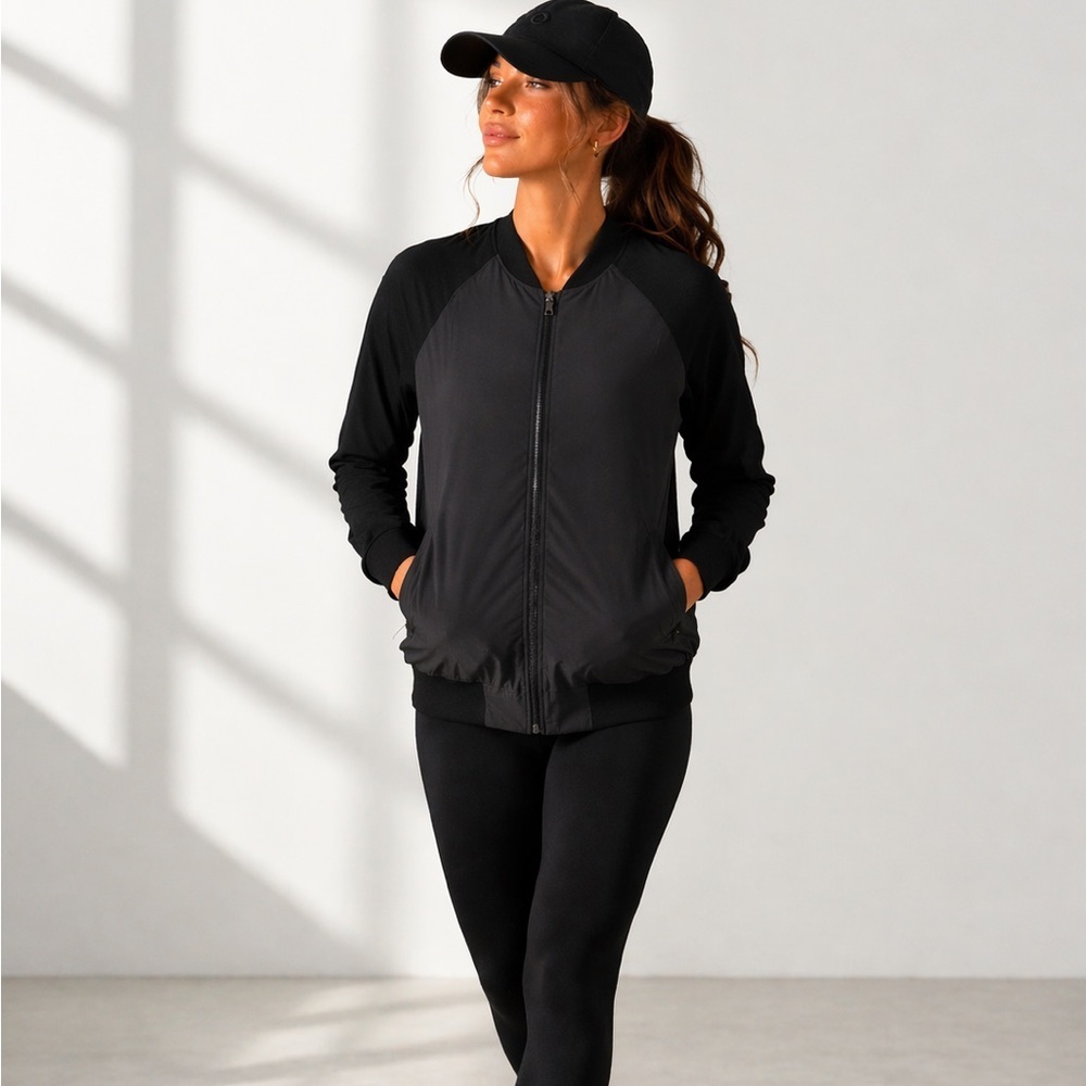 Lucy Black Bomber Zipper Front Jacket 23791 Collarless Medium Athleisure Yoga